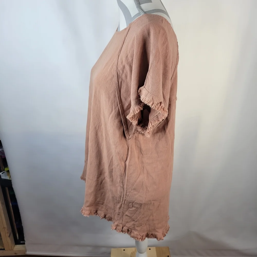 NWT Umgee USA Linen Cotton Blend Short Sleeve Fringed Salmon Pink Size Medium - Picture 4 of 9